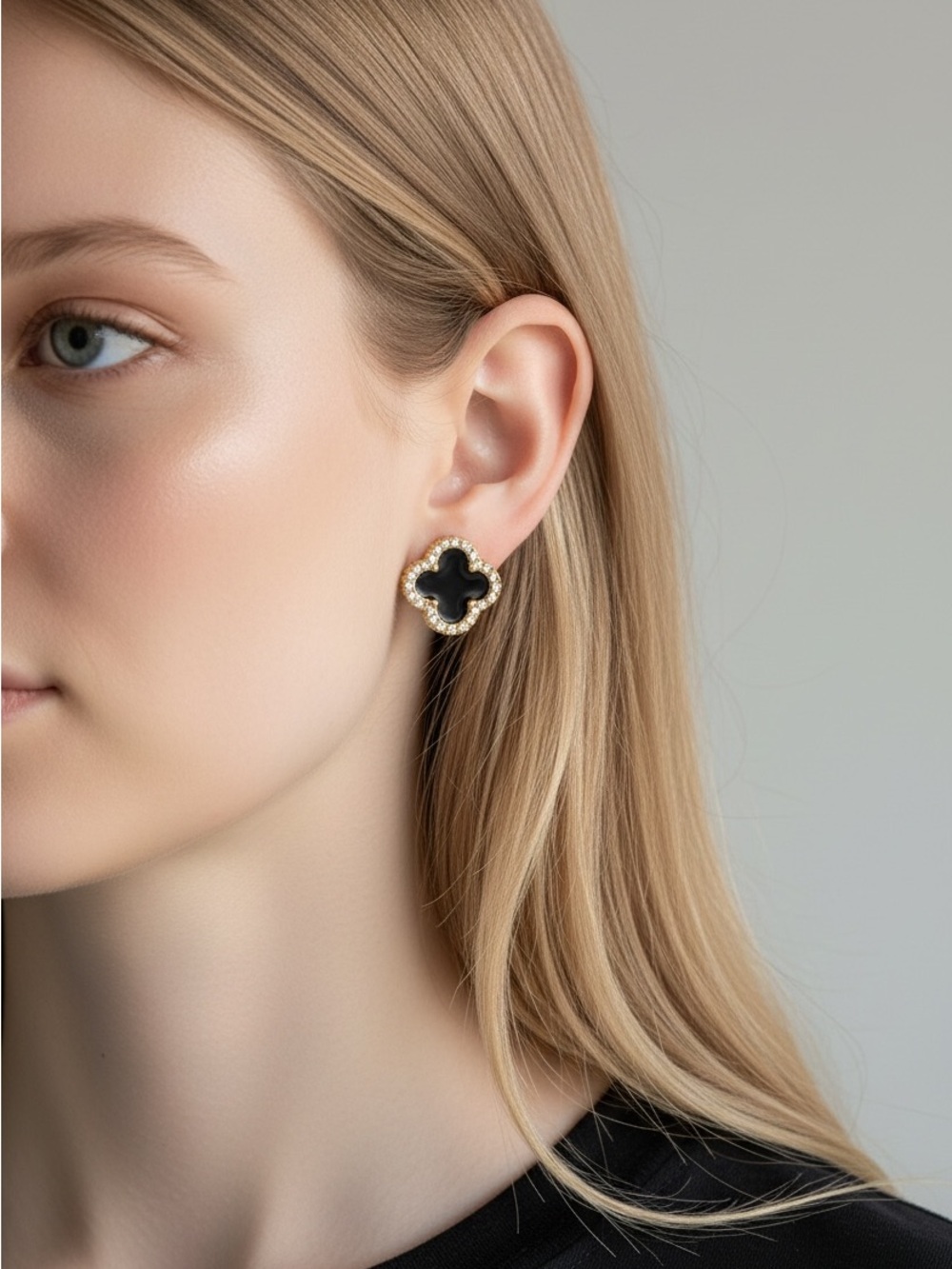 10/1 Black Clover-Shape Gold & Crystal Stud Earrings